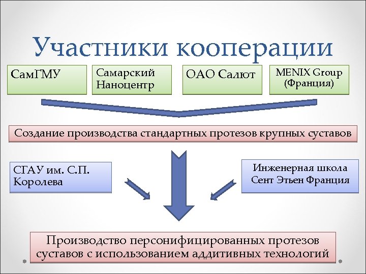 Участники кооперации Сам. ГМУ Самарский Наноцентр ОАО Салют MENIX Group (Франция) Создание производства стандартных