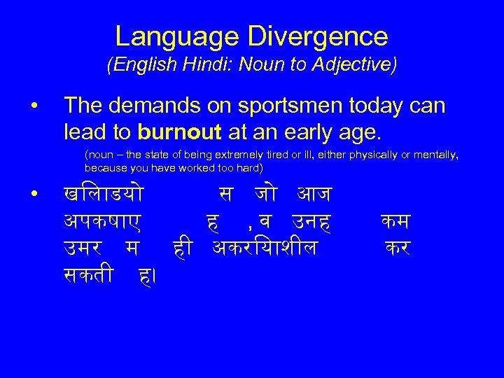 Language Divergence (English Hindi: Noun to Adjective) • The demands on sportsmen today can
