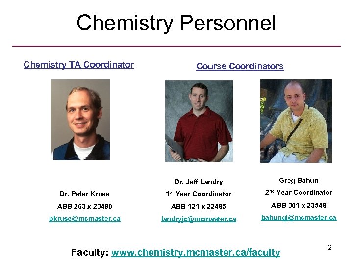 Chemistry Personnel Chemistry TA Coordinator Course Coordinators Dr. Jeff Landry Greg Bahun Dr. Peter
