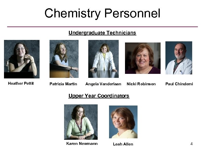 Chemistry Personnel Undergraduate Technicians Heather Pettit Patricia Martin Angela Vanderlaan Nicki Robinson Paul Chindemi