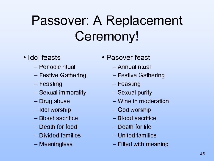 Passover: A Replacement Ceremony! • Idol feasts – Periodic ritual – Festive Gathering –