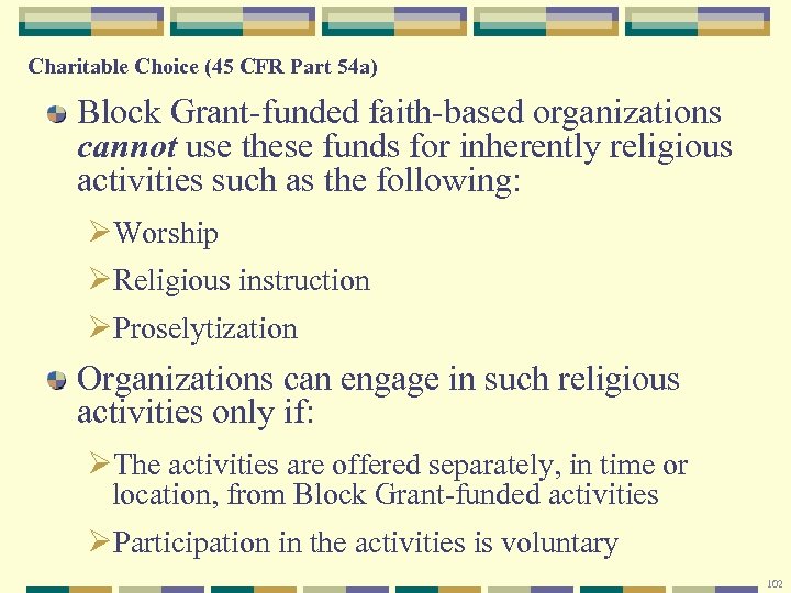 Charitable Choice (45 CFR Part 54 a) Block Grant-funded faith-based organizations cannot use these