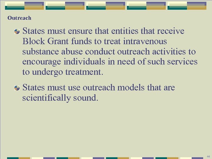 Outreach States must ensure that entities that receive Block Grant funds to treat intravenous