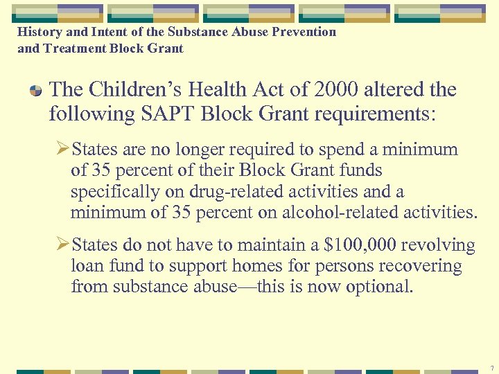 History and Intent of the Substance Abuse Prevention and Treatment Block Grant The Children’s
