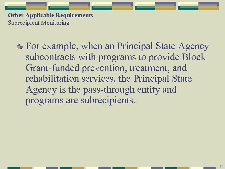 Other Applicable Requirements Subrecipient Monitoring For example, when an Principal State Agency subcontracts with