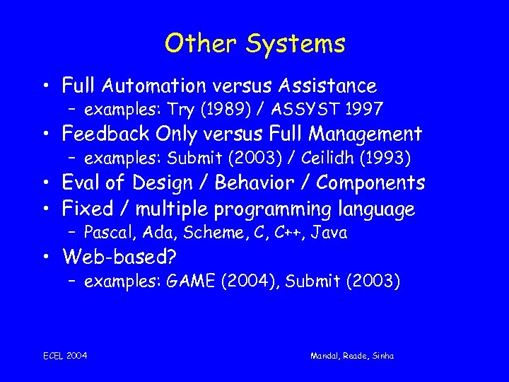 Other Systems • Full Automation versus Assistance – examples: Try (1989) / ASSYST 1997