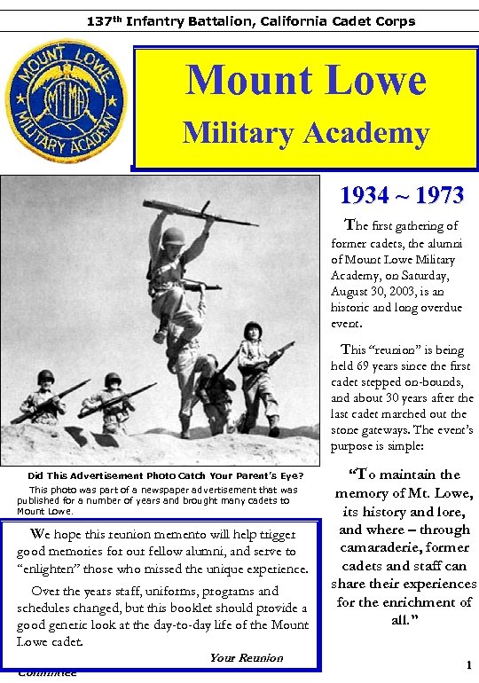 137 th Infantry Battalion, California Cadet Corps Mount Lowe Military Academy 1934 ~ 1973