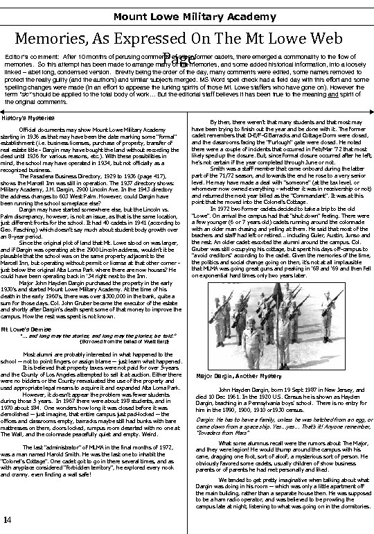 Mount Lowe Military Academy Memories, As Expressed On The Mt Lowe Web Page Editor’s