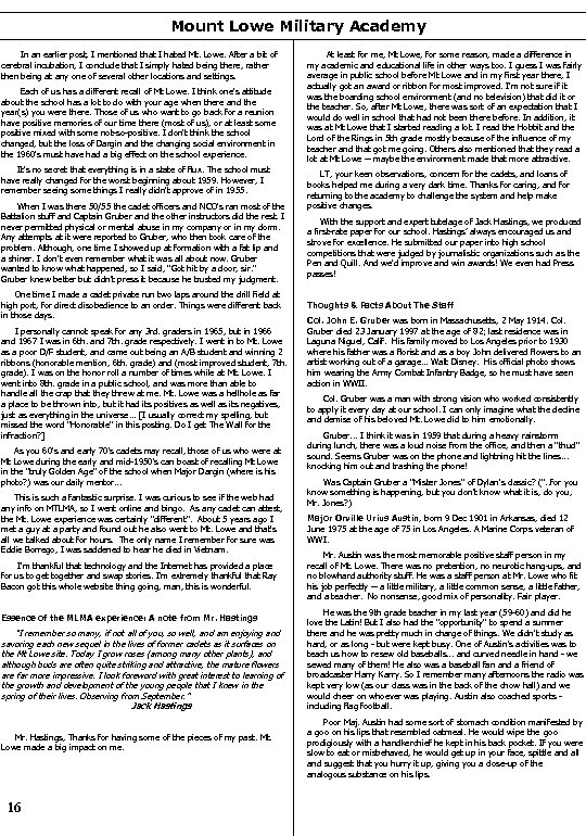 Mount Lowe Military Academy In an earlier post, I mentioned that I hated Mt.