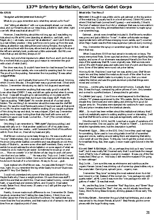 137 th Infantry Battalion, California Cadet Corps On GRUB What’s On The Menu? “Imagine