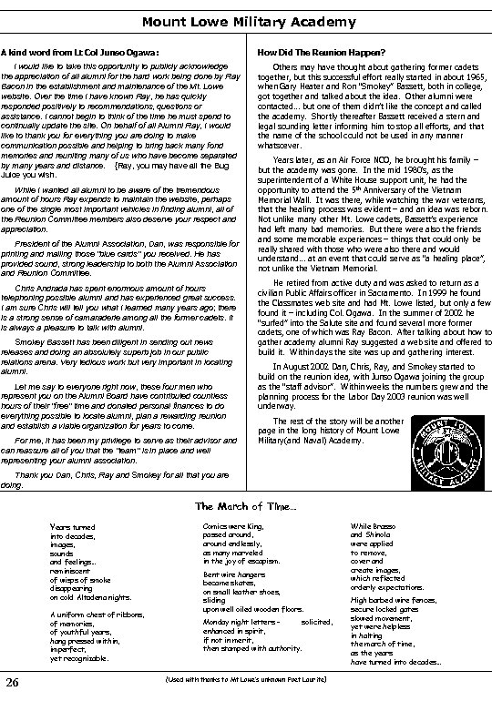 Mount Lowe Military Academy A kind word from Lt Col Junso Ogawa: How Did