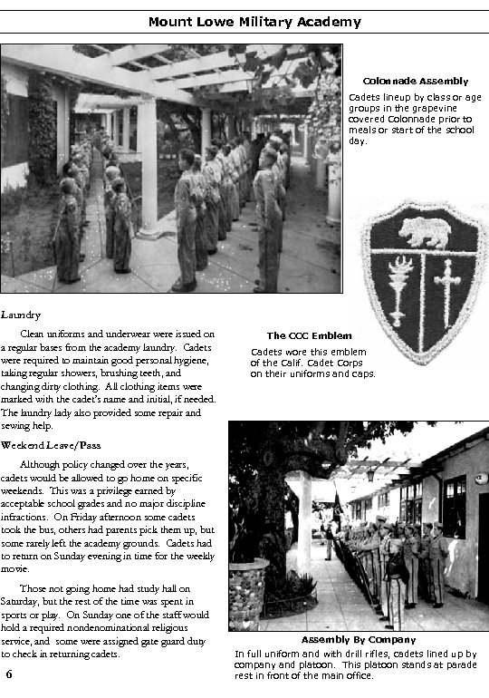 Mount Lowe Military Academy Colonnade Assembly Cadets lineup by class or age groups in