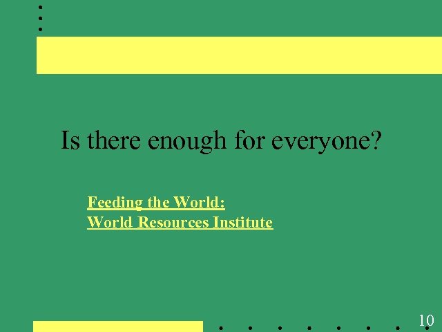 Is there enough for everyone? Feeding the World: World Resources Institute 10 