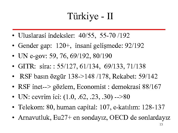 Türkiye - II • • • Uluslarasi indeksler: 40/55, 55 -70 /192 Gender gap: