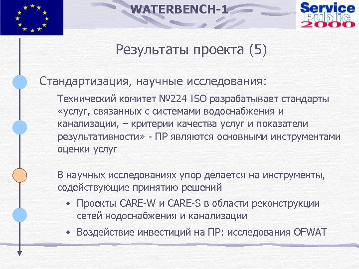 WATERBENCH-1 Результаты проекта (5) Стандартизация, научные исследования: Технический комитет № 224 ISO разрабатывает стандарты