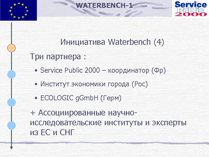 WATERBENCH-1 Инициатива Waterbench (4) Три партнера : • Service Public 2000 – координатор (Фр)