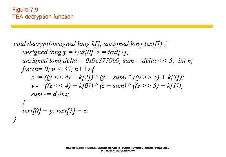 Figure 7. 9 TEA decryption function void decrypt(unsigned long k[], unsigned long text[]) {