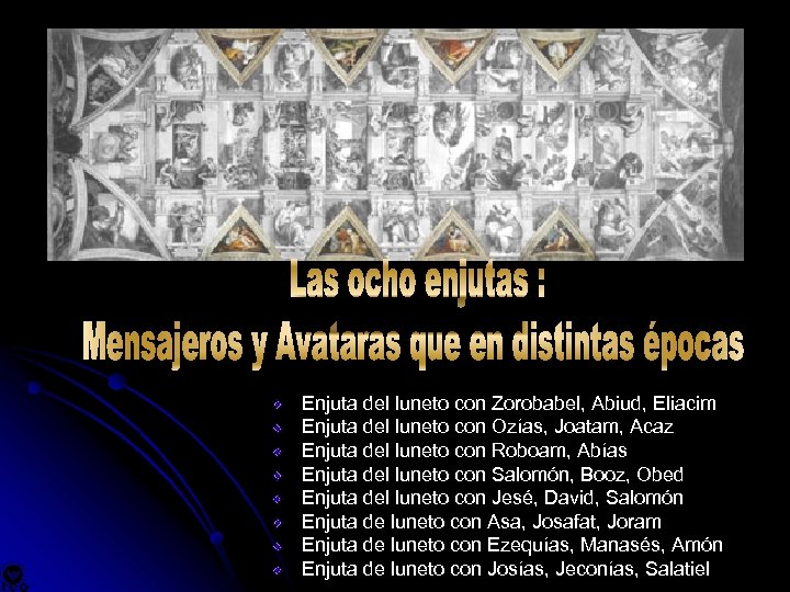 Enjuta del luneto con Zorobabel, Abiud, Eliacim Enjuta del luneto con Ozías, Joatam, Acaz