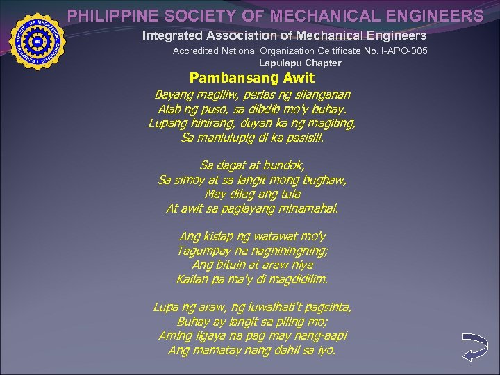 PHILIPPINE SOCIETY OF MECHANICAL ENGINEERS Integrated Association of Mechanical Engineers Accredited National Organization Certificate