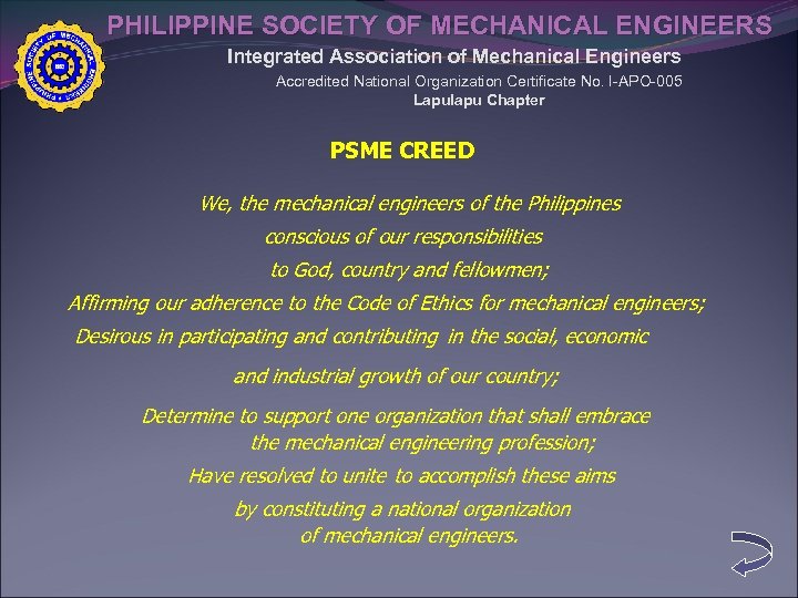 PHILIPPINE SOCIETY OF MECHANICAL ENGINEERS Integrated Association of Mechanical Engineers Accredited National Organization Certificate