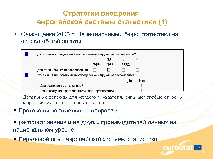 Стратегии внедрения европейской системы статистики (1) • Самооценки 2005 г. Национальными бюро статистики на