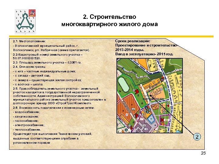2. Строительство многоквартирного жилого дома 2. 1. Местоположение: - Волоколамский муниципальный район, г. Волоколамск,