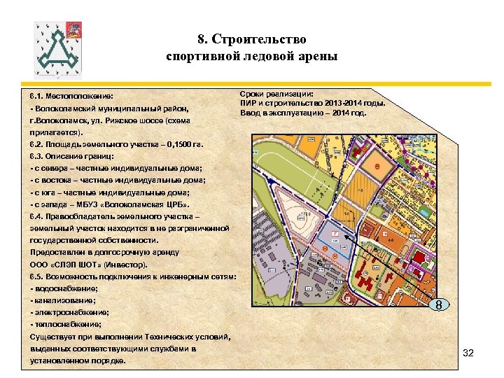 8. Строительство спортивной ледовой арены 6. 1. Местоположение: - Волоколамский муниципальный район, г. Волоколамск,