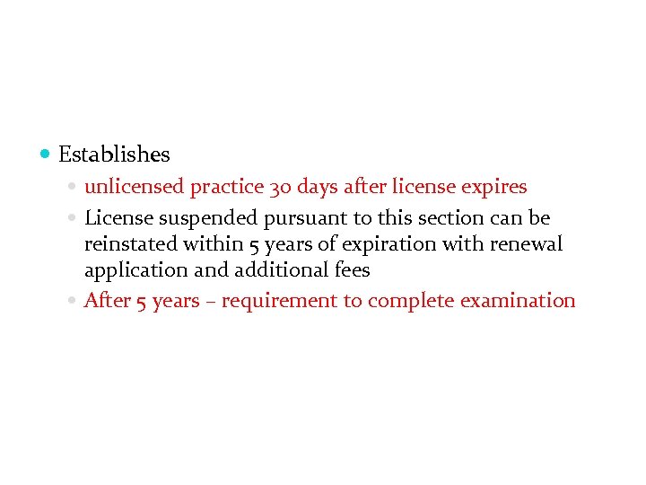  Establishes unlicensed practice 30 days after license expires License suspended pursuant to this