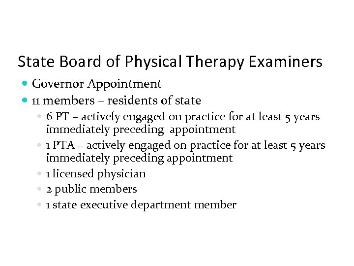 State Board of Physical Therapy Examiners Governor Appointment 11 members – residents of state