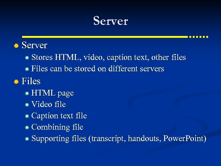 Server ® Server Stores HTML, video, caption text, other files Files can be stored