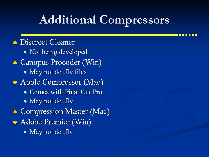 Additional Compressors ® Discreet Cleaner ® Canopus Procoder (Win) ® Not being developed May