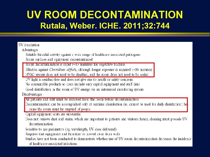 UV ROOM DECONTAMINATION Rutala, Weber. ICHE. 2011; 32: 744 