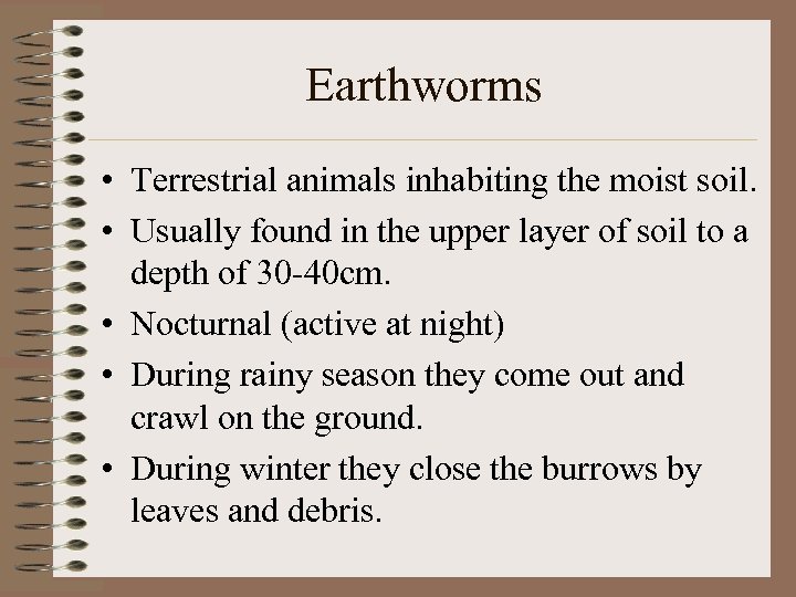 Earthworms • Terrestrial animals inhabiting the moist soil. • Usually found in the upper