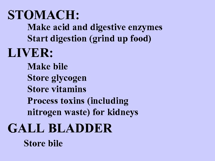 STOMACH: Make acid and digestive enzymes Start digestion (grind up food) LIVER: Make bile