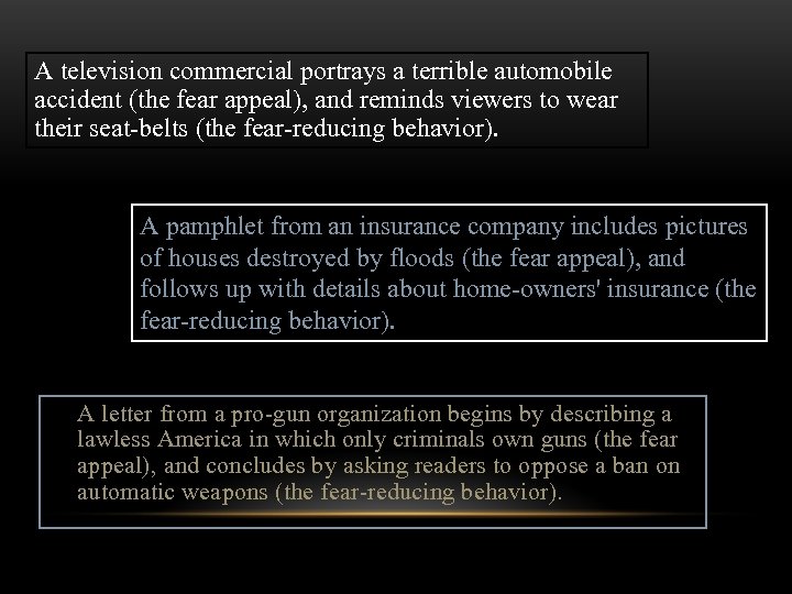 A television commercial portrays a terrible automobile accident (the fear appeal), and reminds viewers