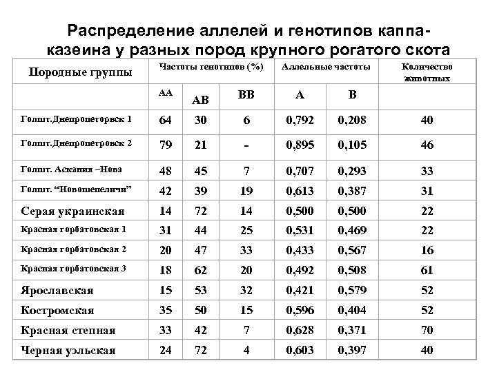 Распределение аллелей и генотипов каппаказеина у разных пород крупного рогатого скота Породные группы Частоты