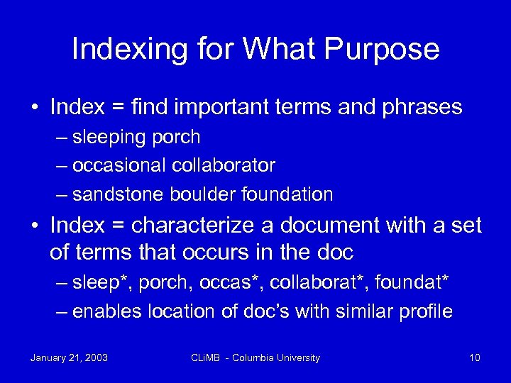 Indexing for What Purpose • Index = find important terms and phrases – sleeping