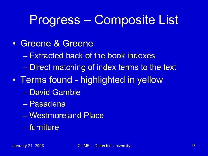 Progress – Composite List • Greene & Greene – Extracted back of the book