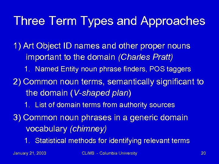 Three Term Types and Approaches 1) Art Object ID names and other proper nouns