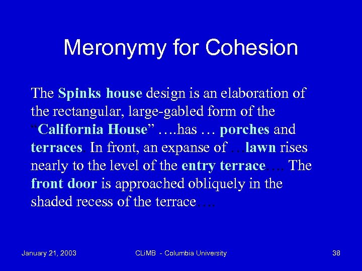 Meronymy for Cohesion The Spinks house design is an elaboration of the rectangular, large-gabled