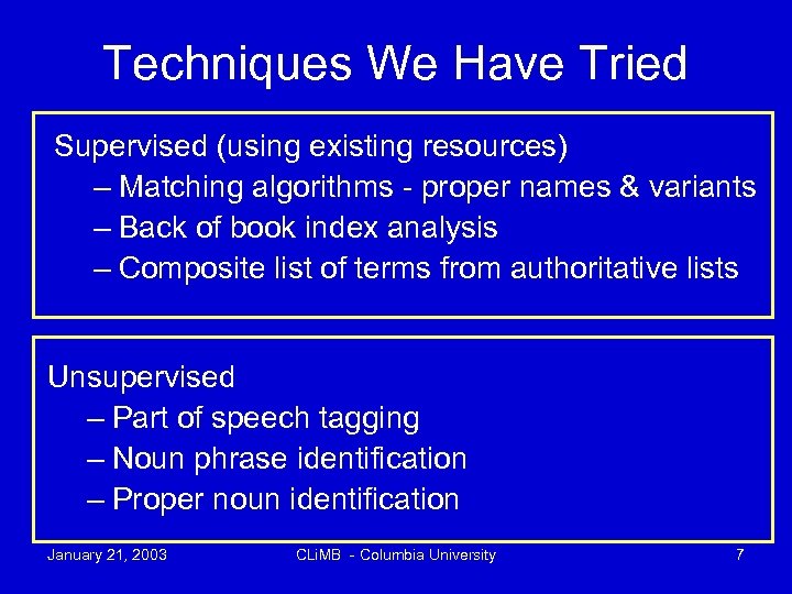 Techniques We Have Tried Supervised (using existing resources) – Matching algorithms - proper names