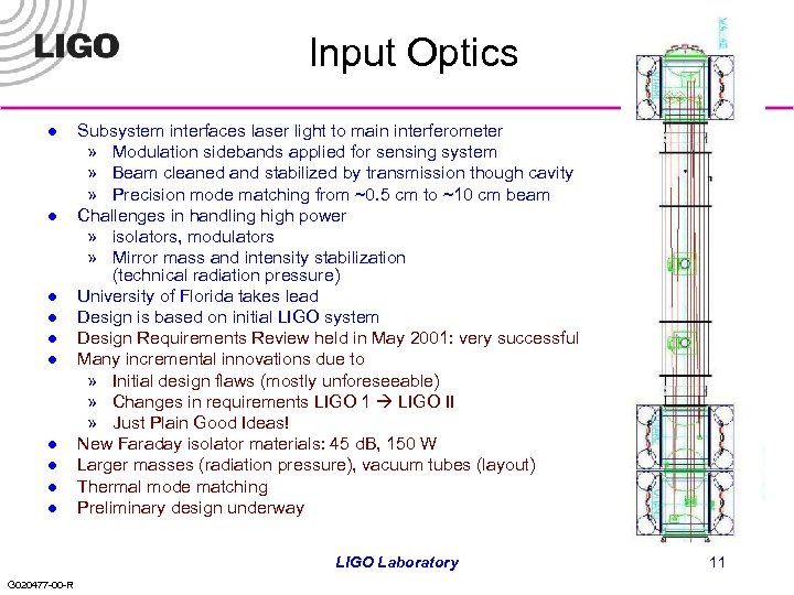 Input Optics l l l l l Subsystem interfaces laser light to main interferometer