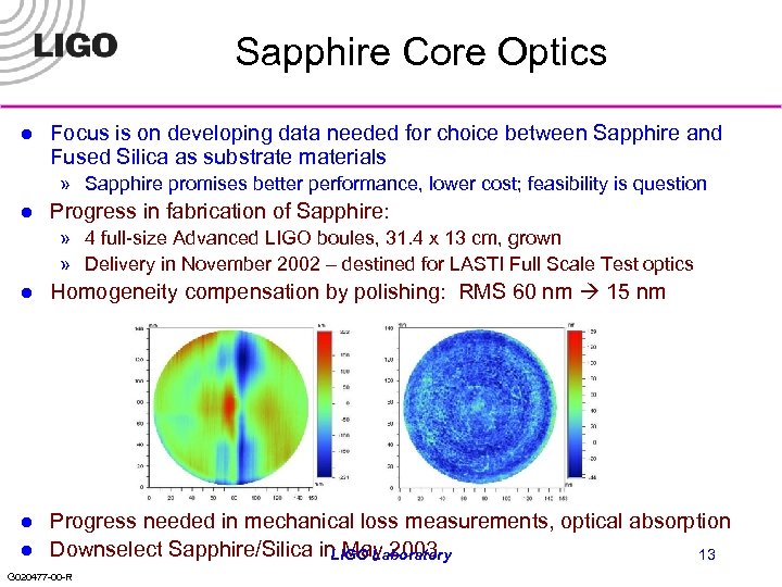 Sapphire Core Optics l Focus is on developing data needed for choice between Sapphire