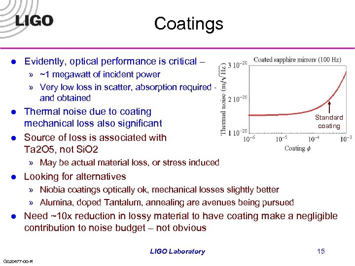 Coatings l Evidently, optical performance is critical – » ~1 megawatt of incident power