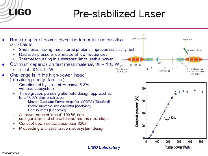 Pre-stabilized Laser l Require optimal power, given fundamental and practical constraints: » Shot noise: