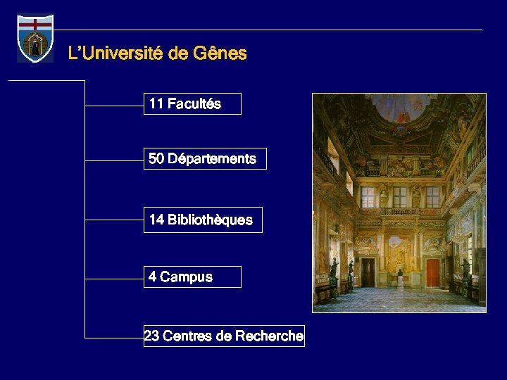 L’Université de Gênes 11 Facultés 50 Départements 14 Bibliothèques 4 Campus 23 Centres de