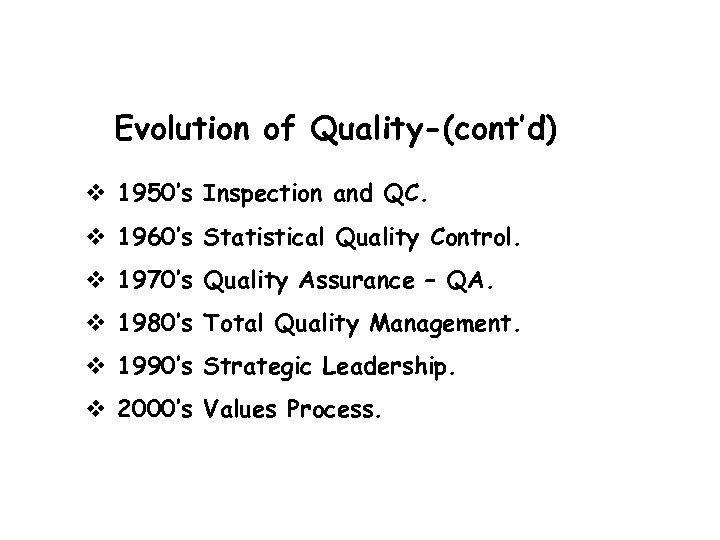 Evolution of Quality-(cont’d) v 1950’s Inspection and QC. v 1960’s Statistical Quality Control. v
