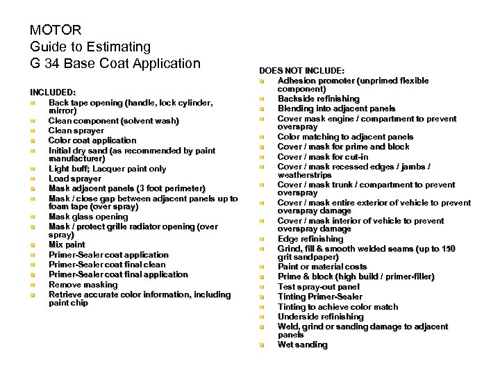 MOTOR Guide to Estimating G 34 Base Coat Application INCLUDED: n Back tape opening