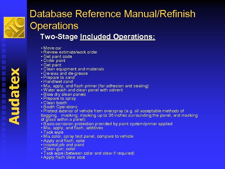 Database Reference Manual/Refinish Operations Audatex Two-Stage Included Operations: • Move car • Review estimate/work