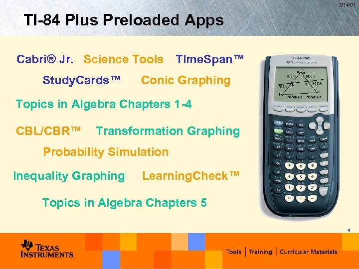 2/14/01 TI-84 Plus Preloaded Apps Cabri® Jr. Science Tools TIme. Span™ Study. Cards™ Conic